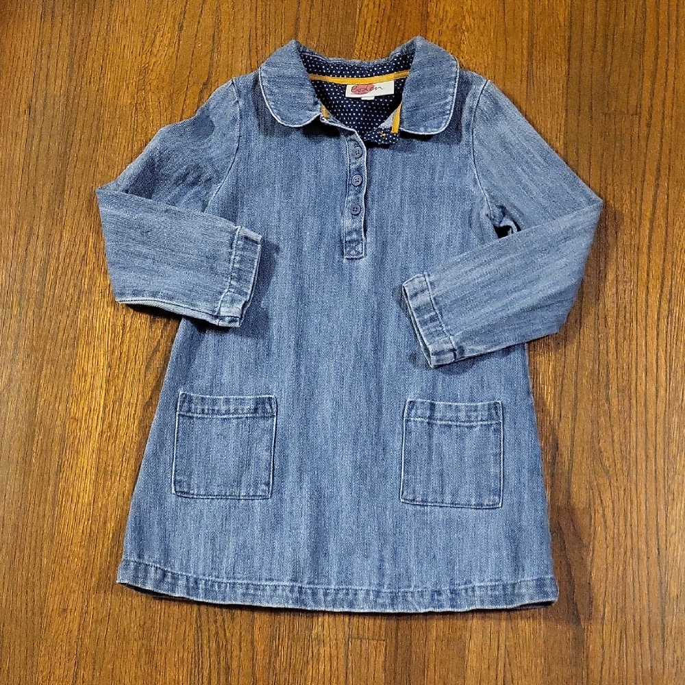 Boden Blue Denim Dress with Polka Dot Trim